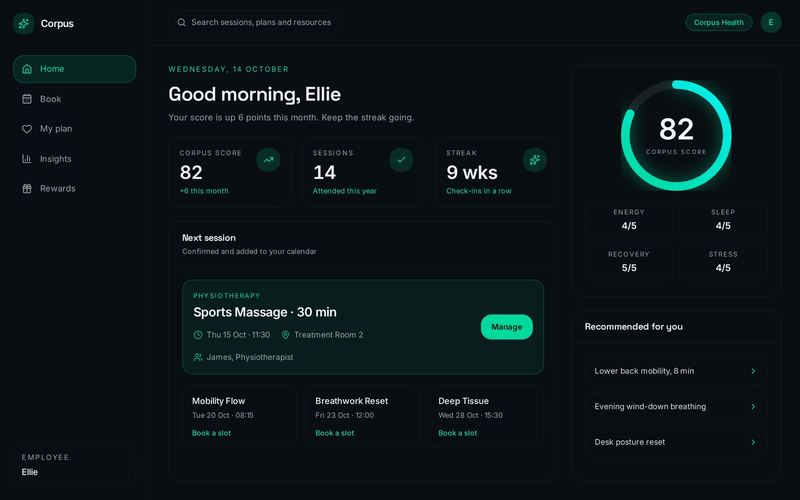 Corpus portal employee home, showing the next session, Corpus Score and booking
