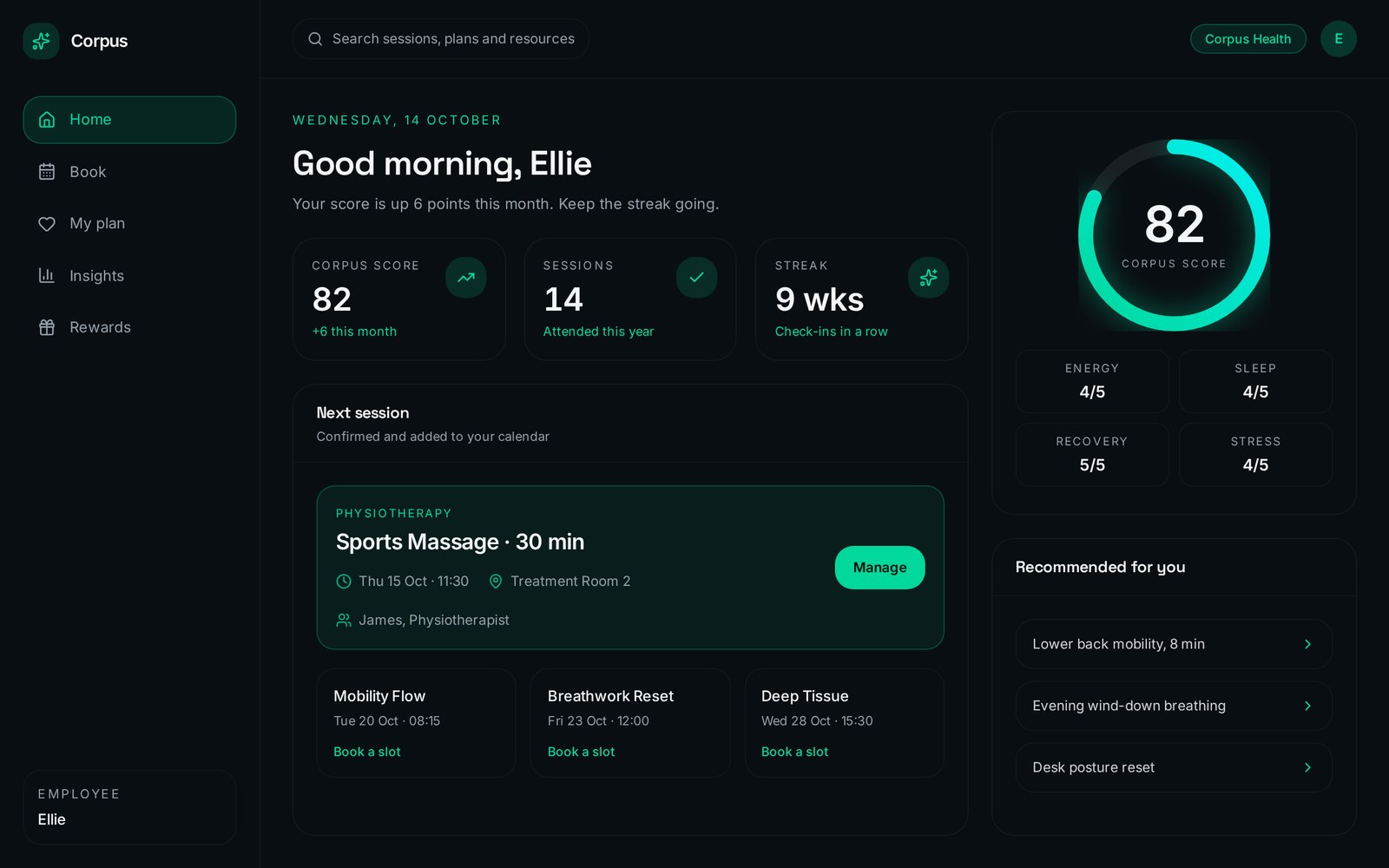 Employee home: Next session, Corpus Score and one-tap booking