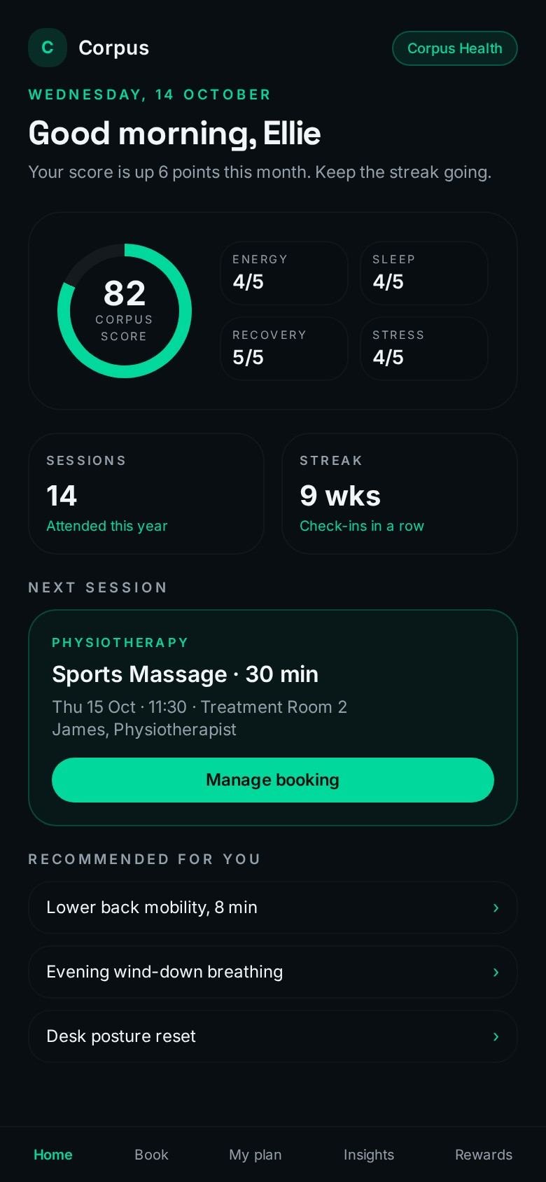 Corpus employee app showing wellbeing score, next session and recommendations