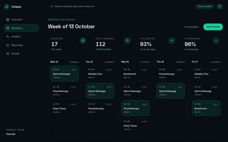 Corpus portal booking calendar, showing a week of on-site appointments