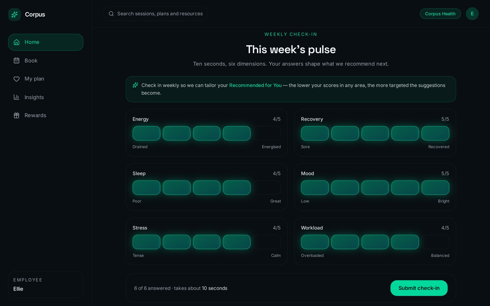 Weekly check-in: Ten seconds, six dimensions, one score